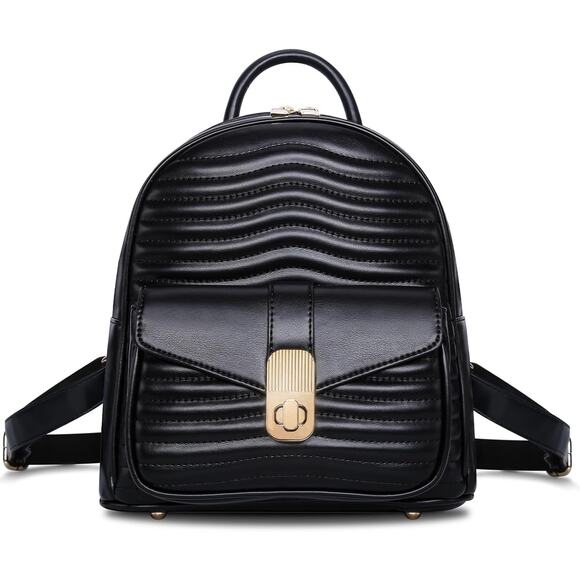 Chic Black Quilted Vegan Leather Mini Backpack with Gold Hardware - Picture 3 of 5